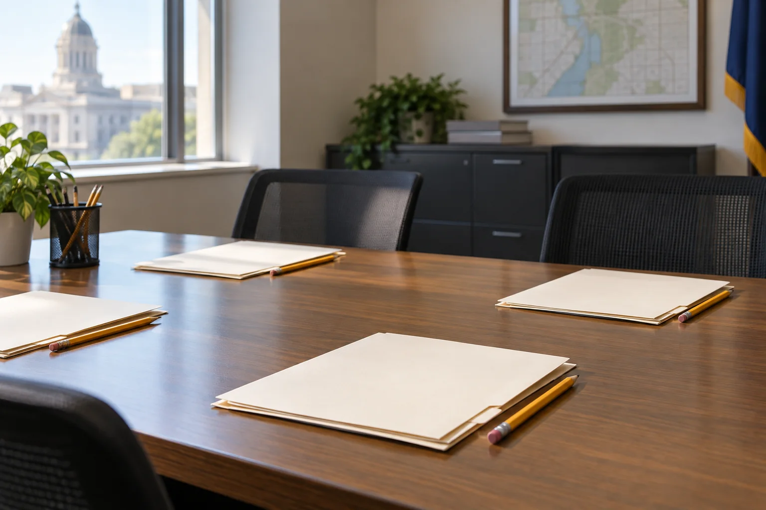 Documents and case folders on a law-office desk.