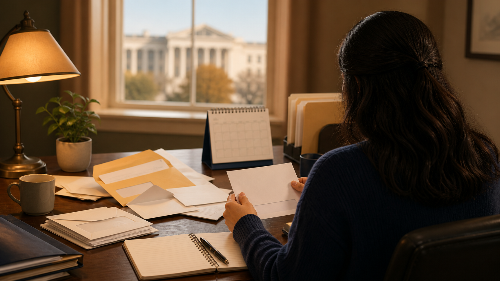 A person sitting at a desk reviewing a stack of official envelopes and calendar pages, with a courthouse visible through a window in soft background light