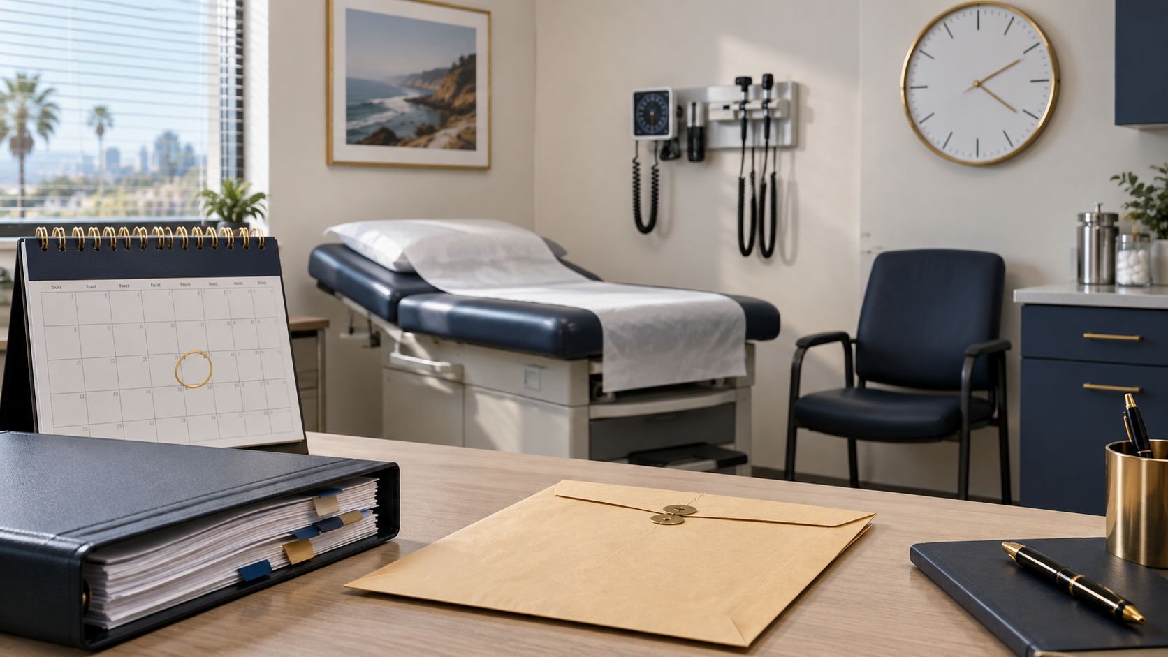 Empty medical evaluation room with an appointment calendar and organized workers’ compensation records