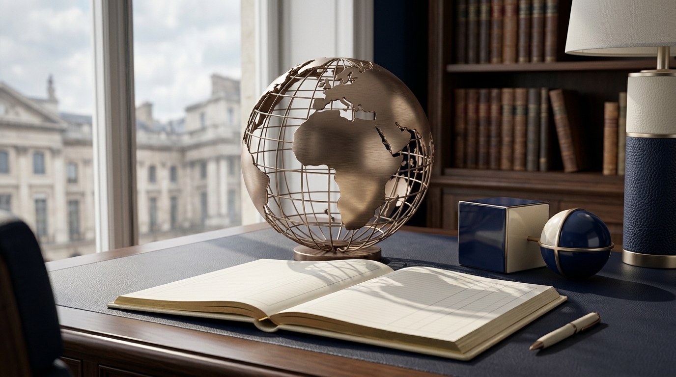 Abstract brass globe and blank international financial ledger on an executive desk
