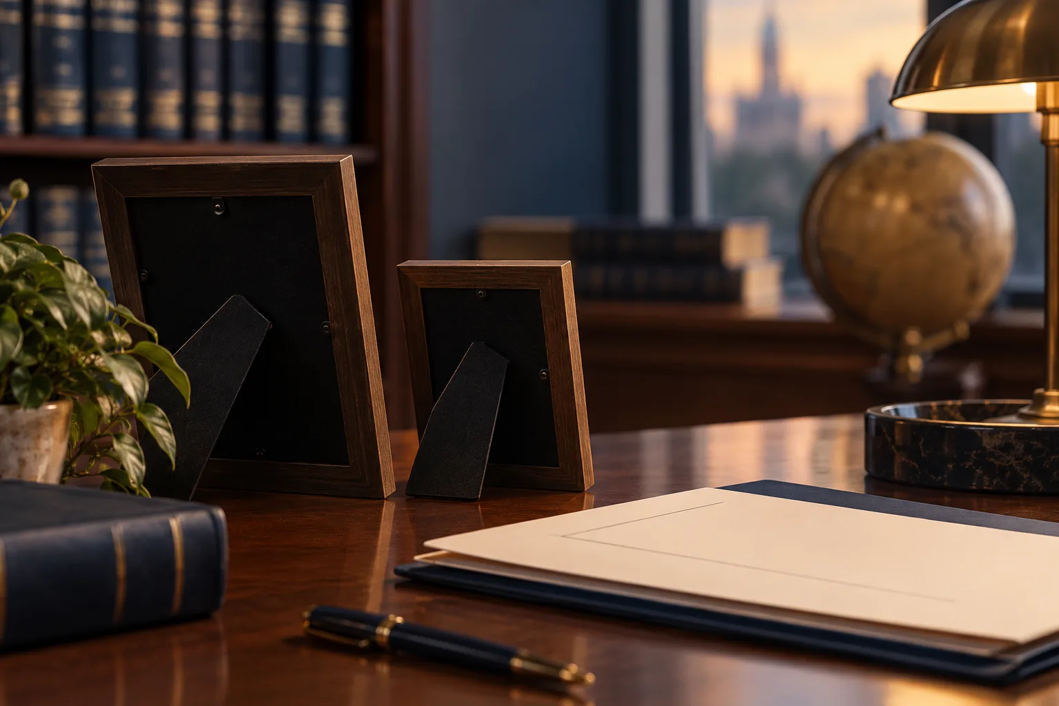 Two family photo frames beside a citizenship application folder