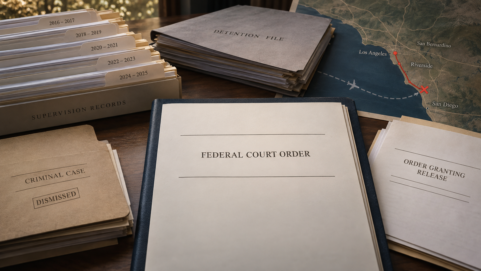 A federal court order, long supervision record, detention file, release order, and stopped removal route on a Southern California map.