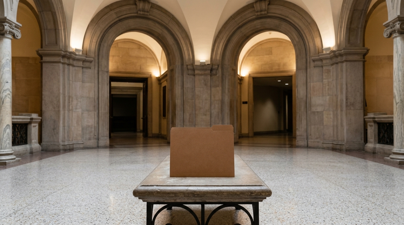 Federal tax notice folder at a branching courthouse hallway