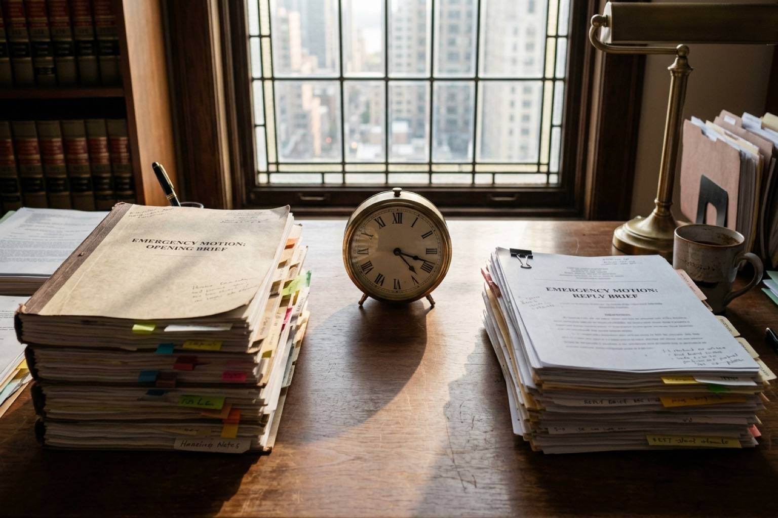 Emergency motion timeline with opening and reply filing tabs