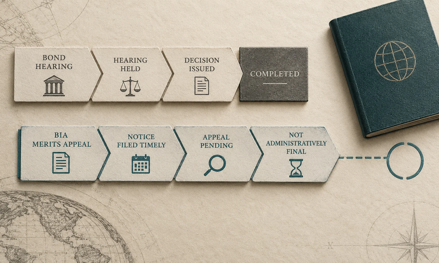 Illustrated separate timelines for a completed bond hearing and a timely pending BIA merits appeal