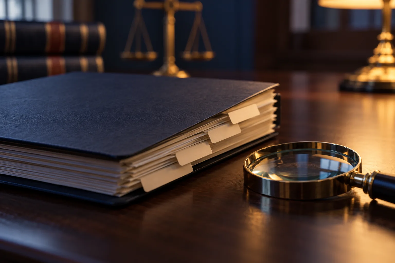 Tabbed conviction file beside a magnifying glass