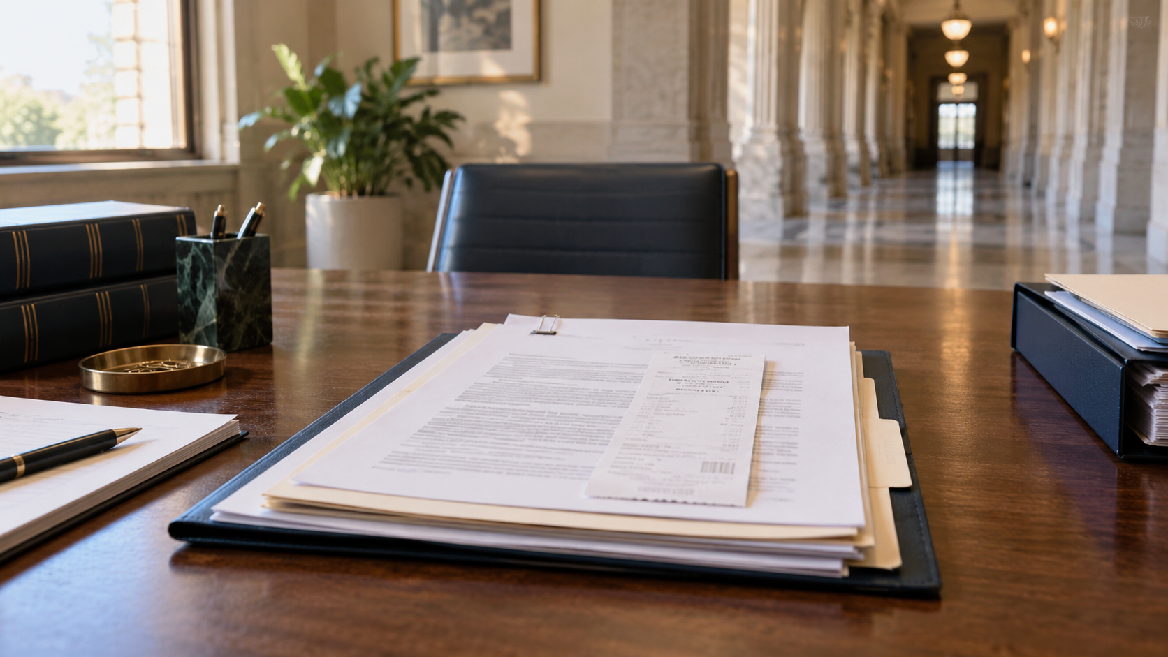 Organized immigration appellate file with a payment receipt centered on a conference table near a courthouse corridor