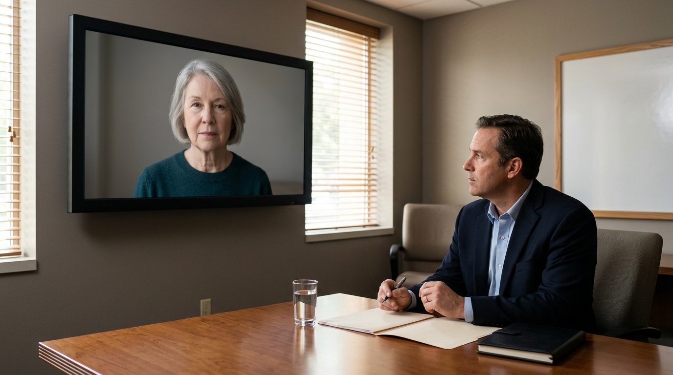 Remote witness appearing on an unbranded video screen during a legal proceeding