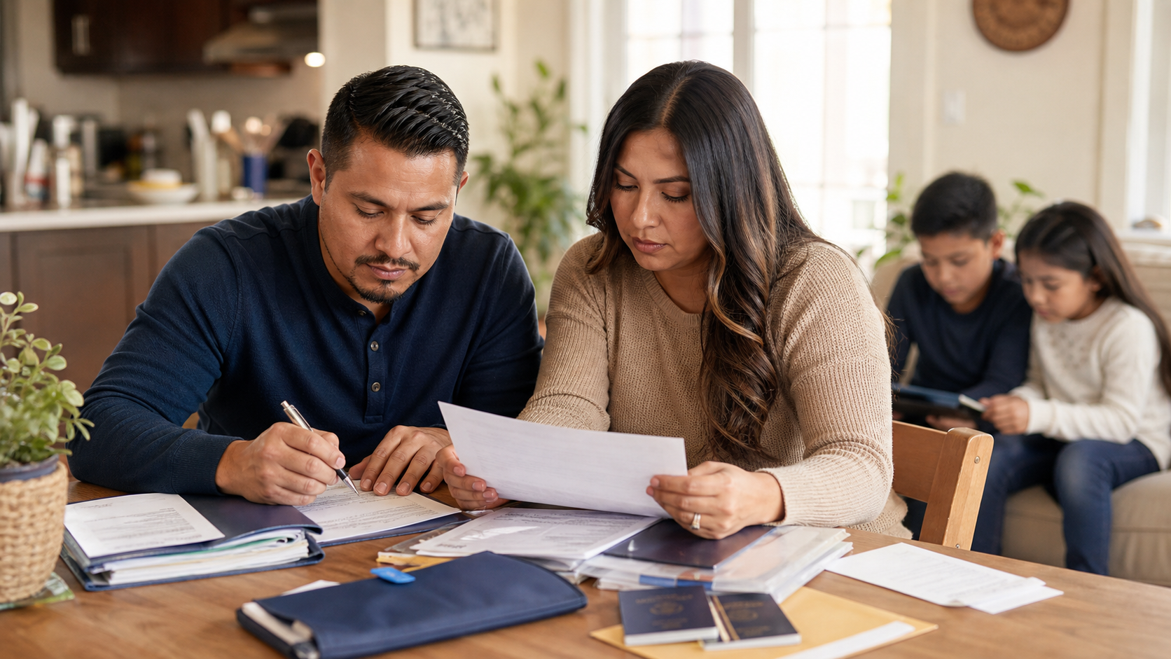 Parents organize family contacts and important documents at a kitchen table while their children remain nearby