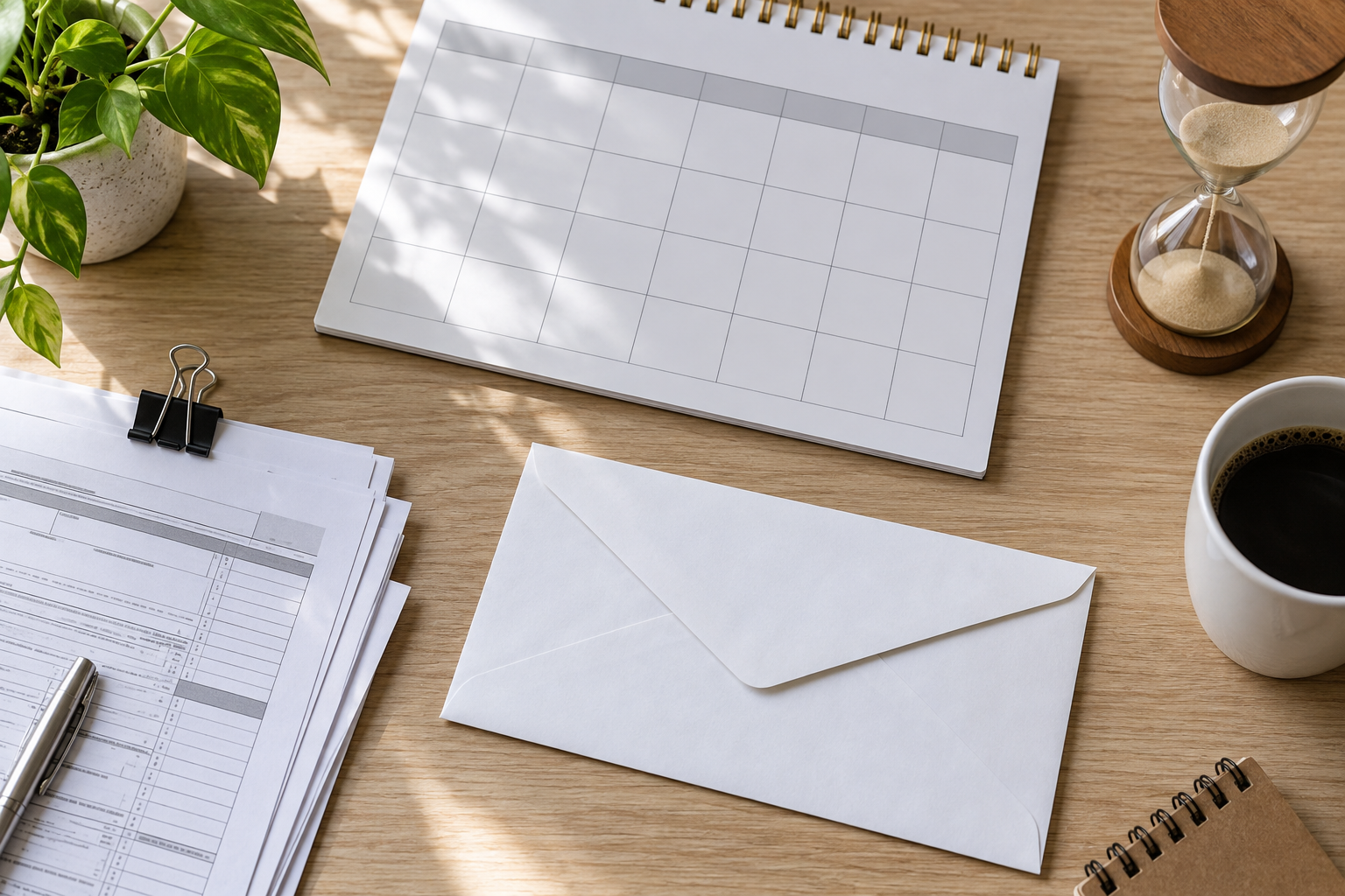 Illustrative mailing envelope, tax papers, and calendar for a protective claim