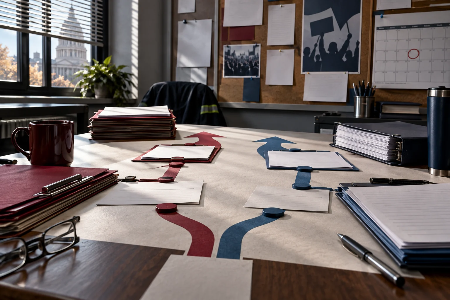 Parallel discipline and union-activity timelines on a conference table