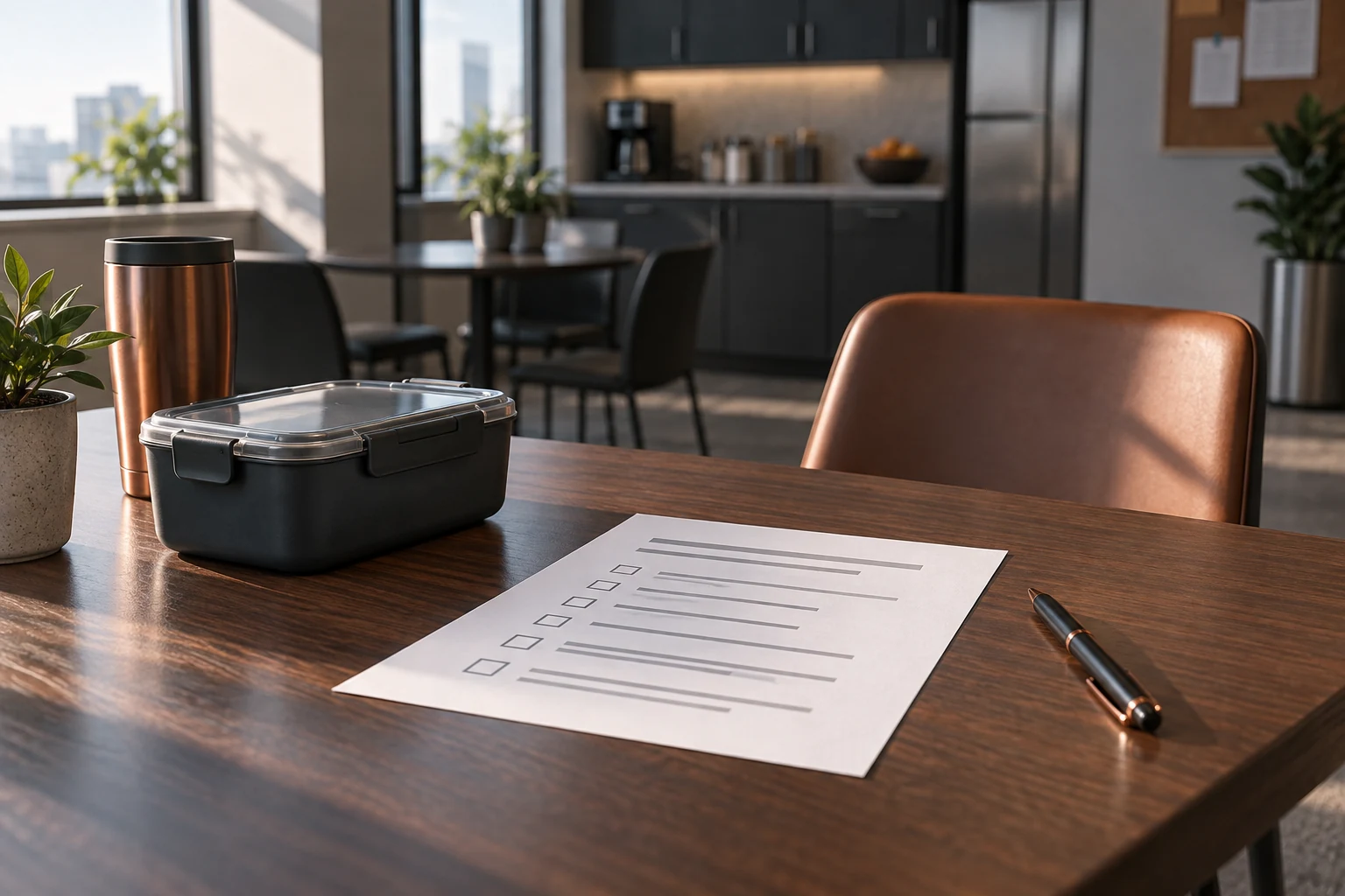 An anonymous questionnaire and lunch container in a public-office break room.
