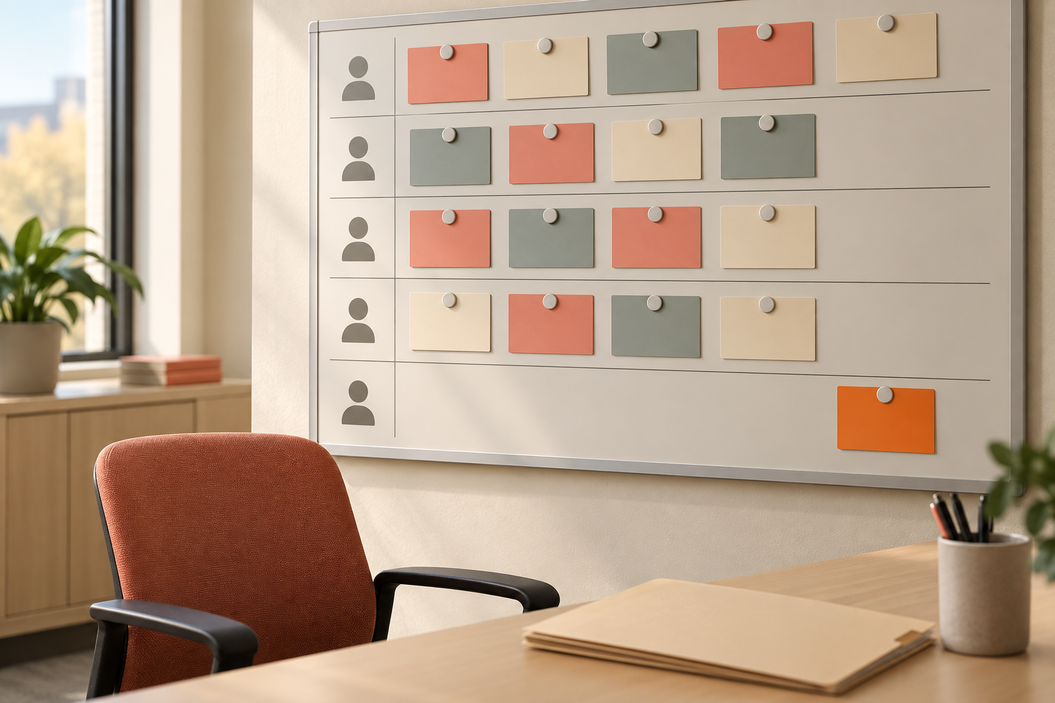 A public-office scheduling board with a single orange assignment card separated from the others