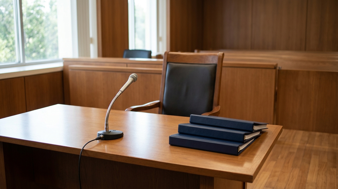 Orderly hearing table with an open calendar and stacked administrative files