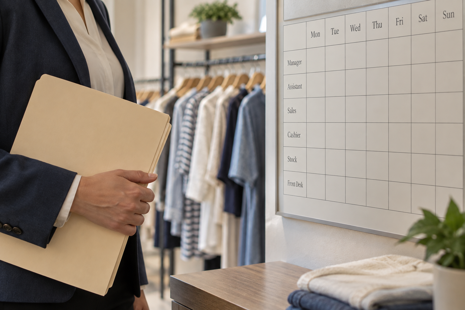 A manager holding a personnel folder beside a retail staffing chart