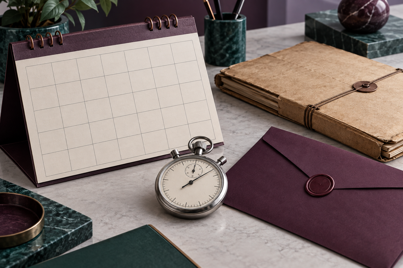 A blank calendar and stopwatch beside an older file and a renewal envelope