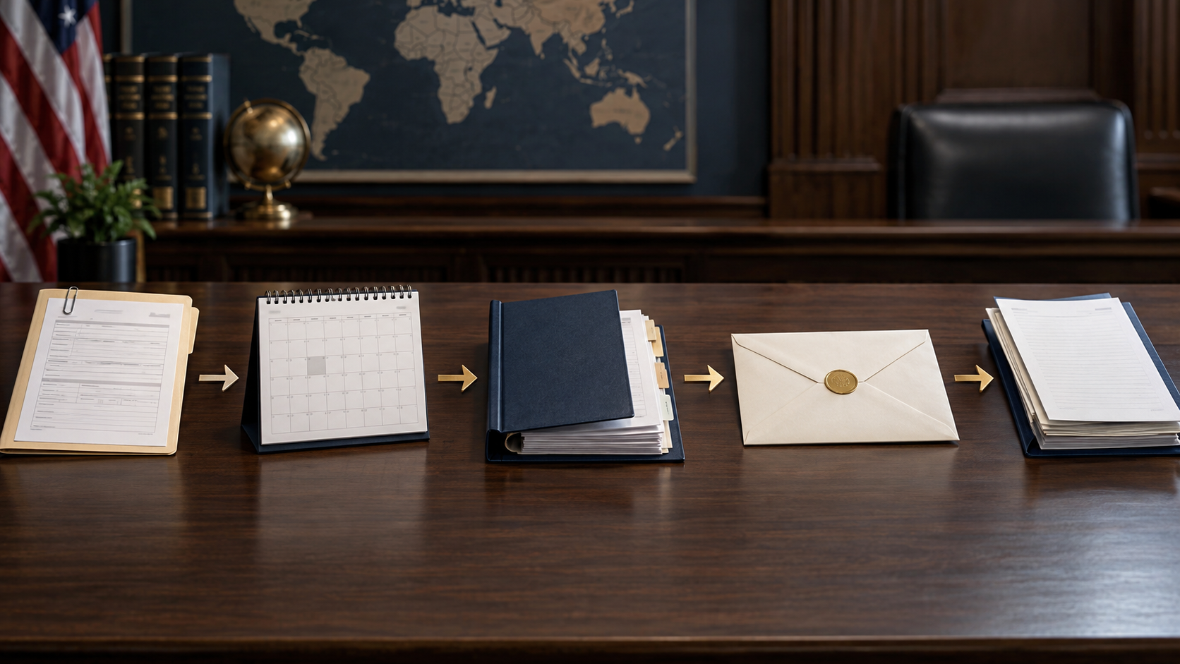 Five procedural folders arranged along a hearing timeline with an evidence binder, sealed decision, and appeal packet.