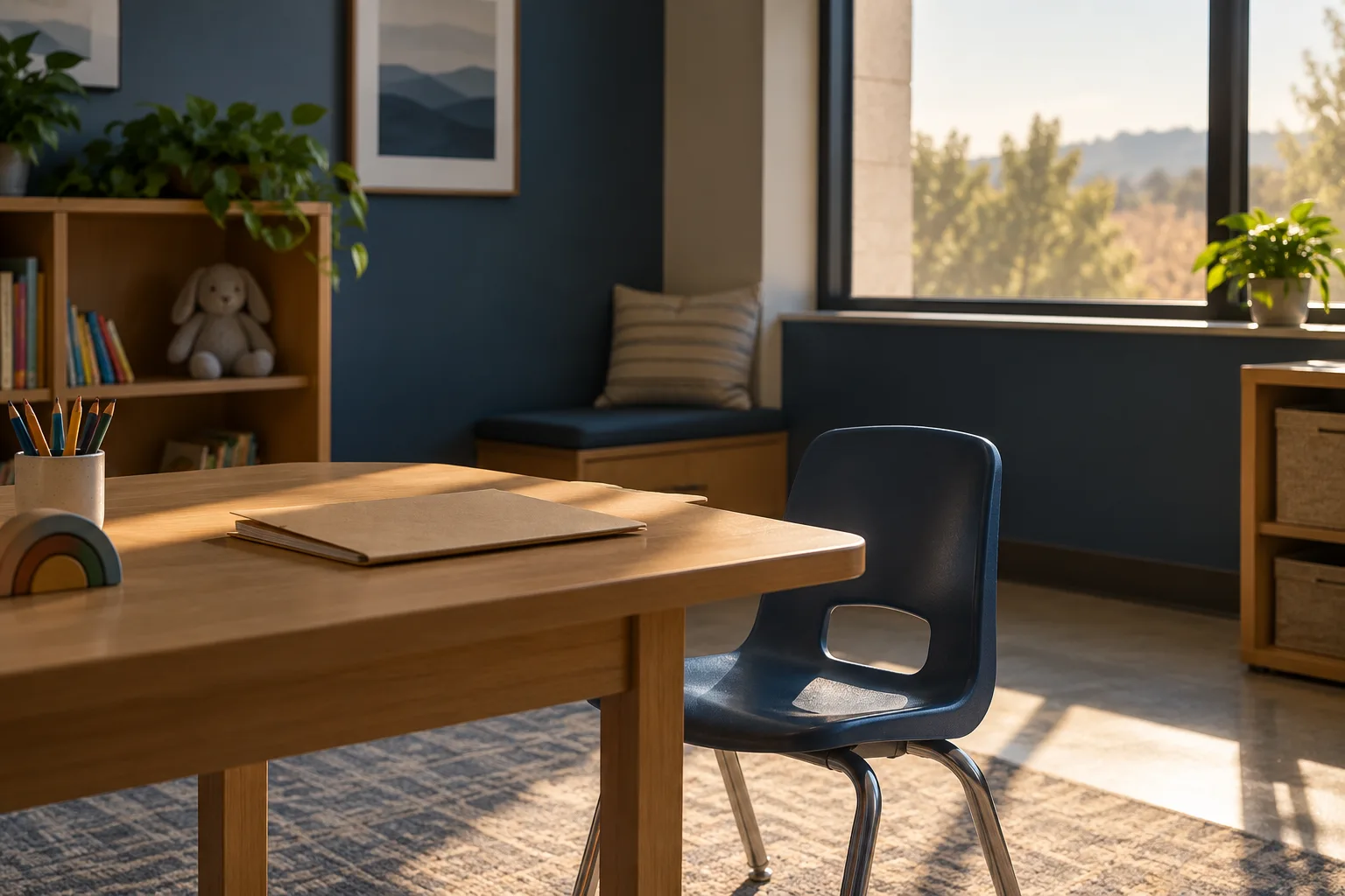 Quiet youth intake room with an empty chair and case folder