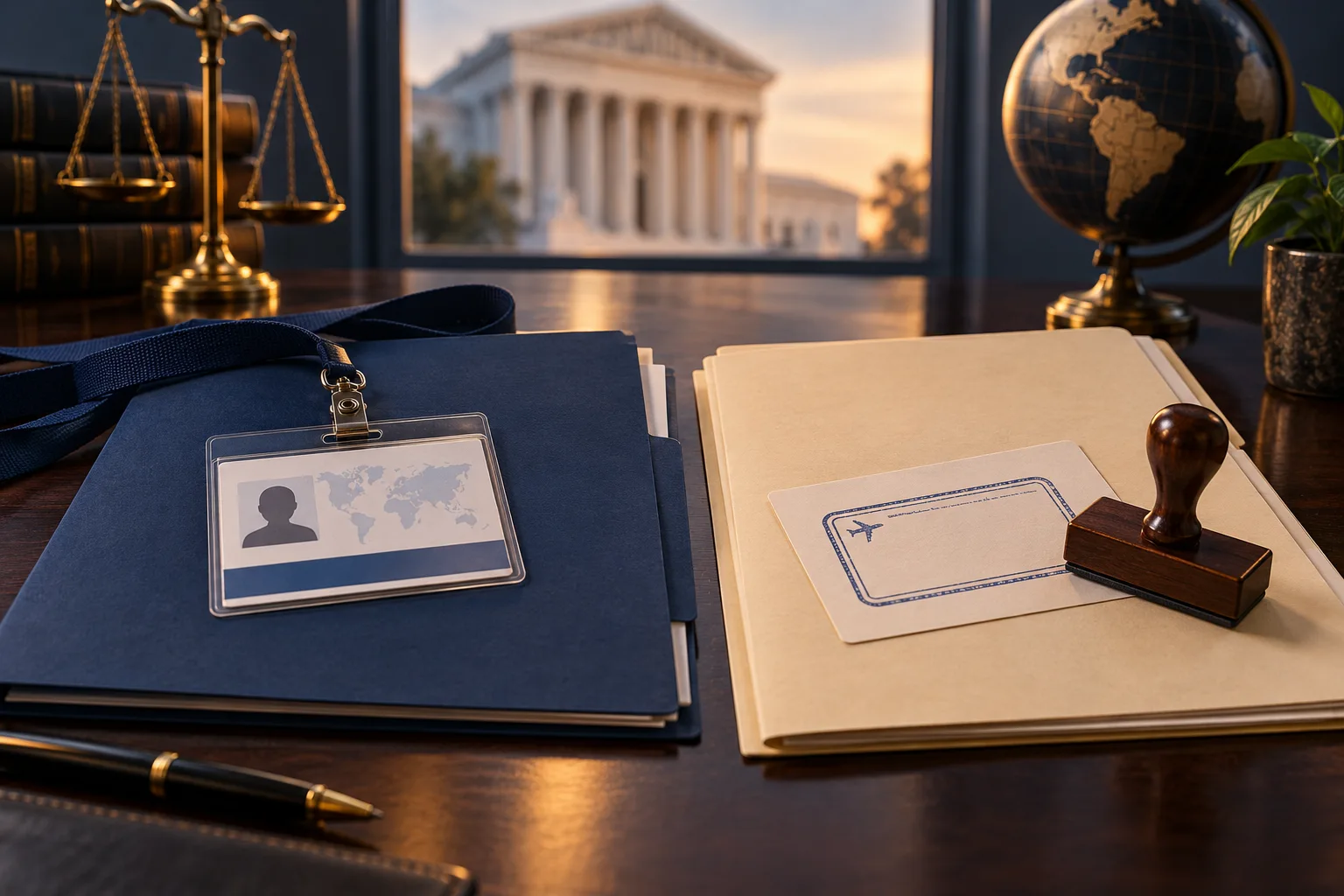 Two separate immigration folders and a blank entry-stamp prop