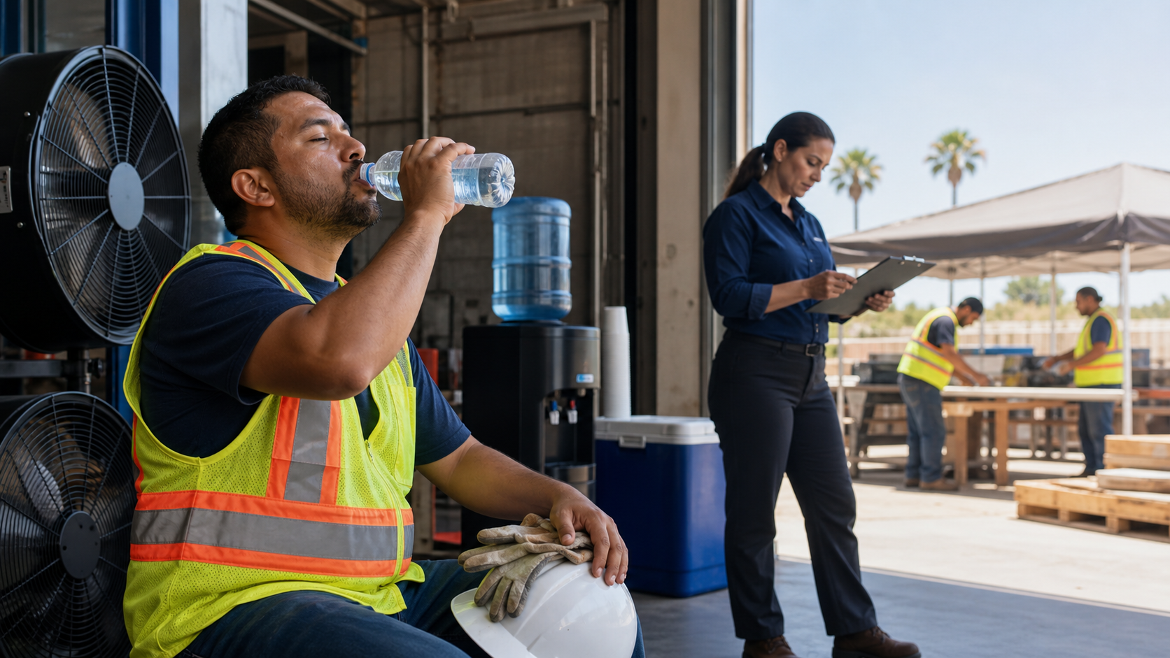 Warehouse and outdoor work areas prepared with water and shaded cool-down stations