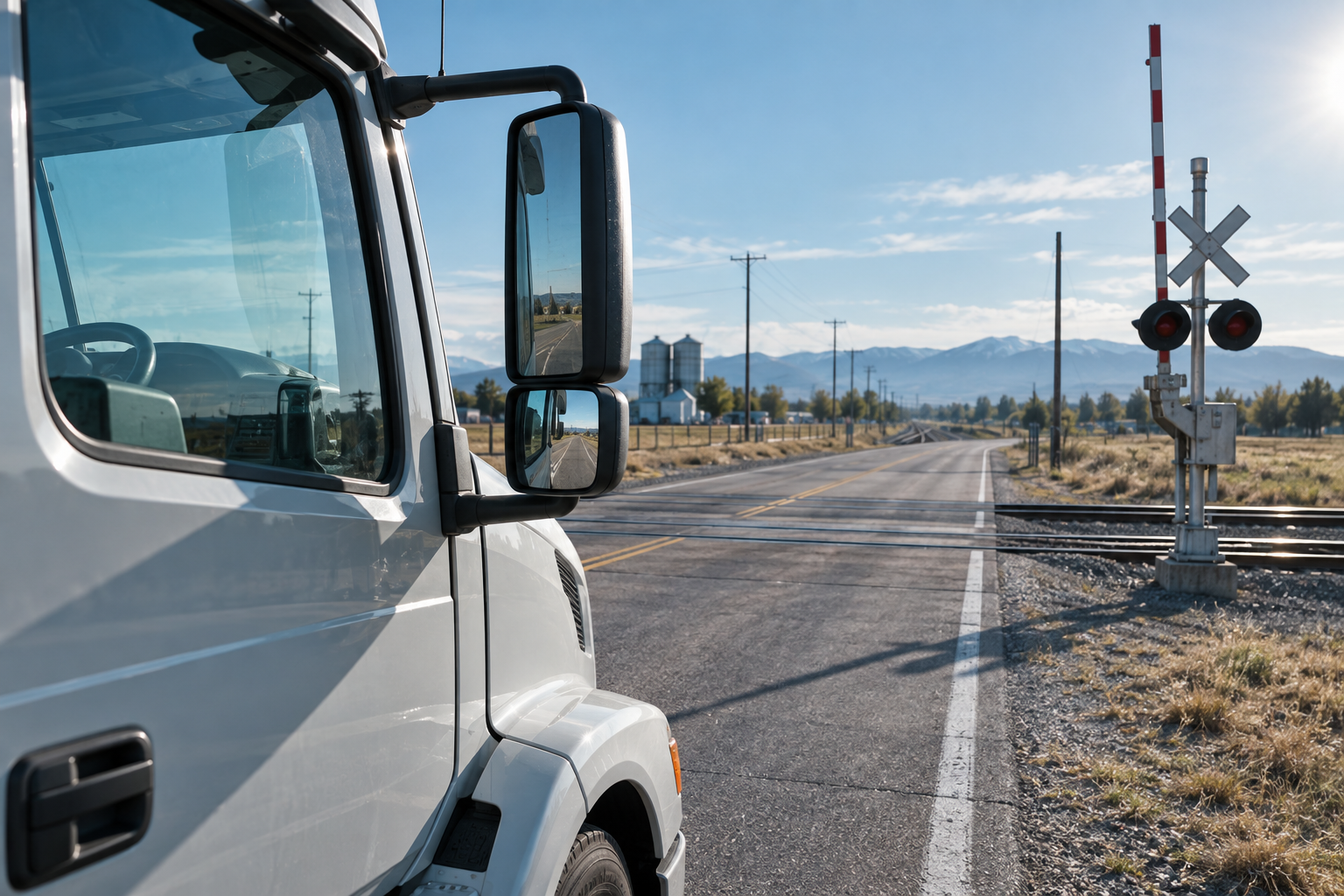 Illustrative parked truck beside a distant railroad crossing