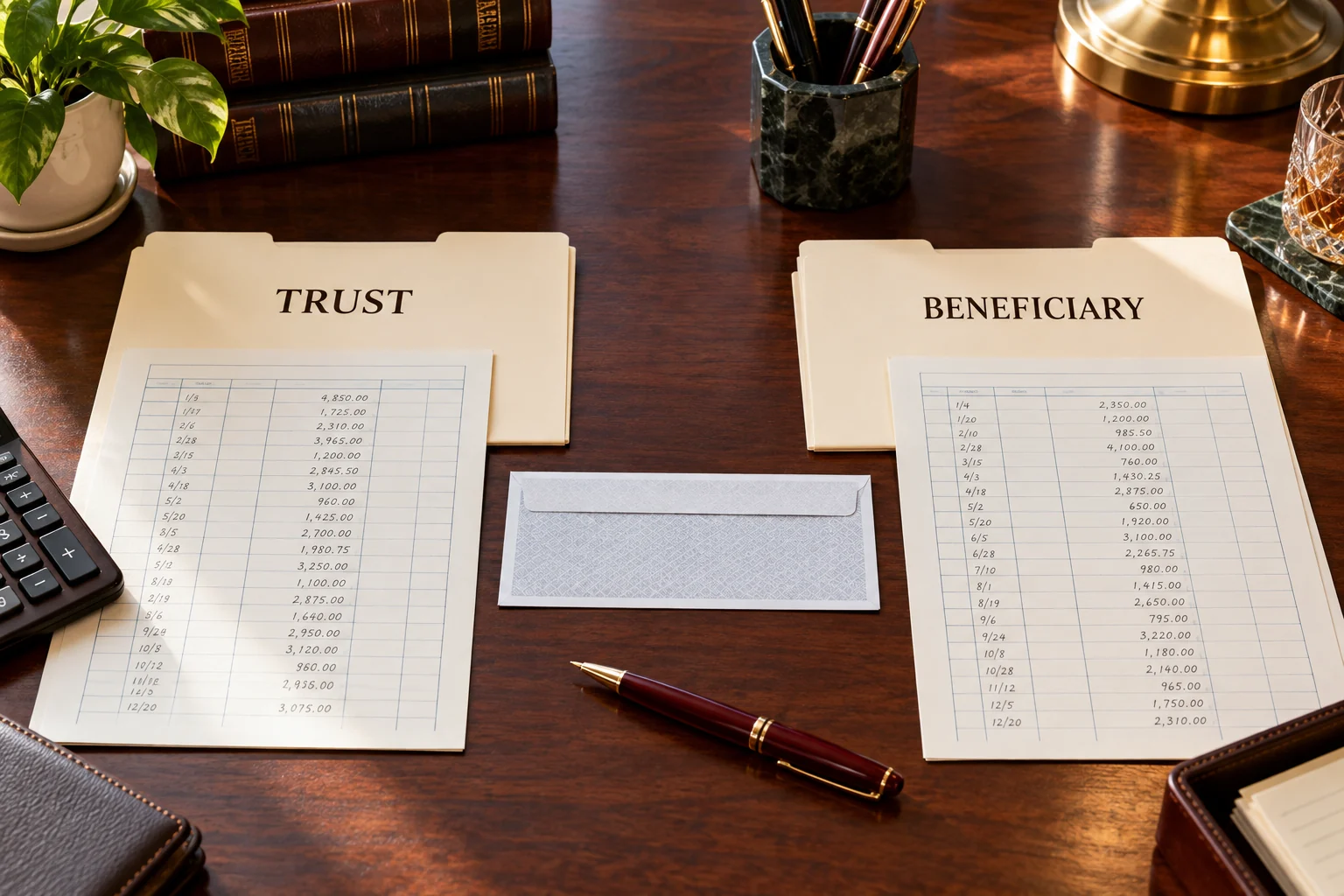 Separate Trust and Beneficiary folders with accounting sheets and a payment envelope.
