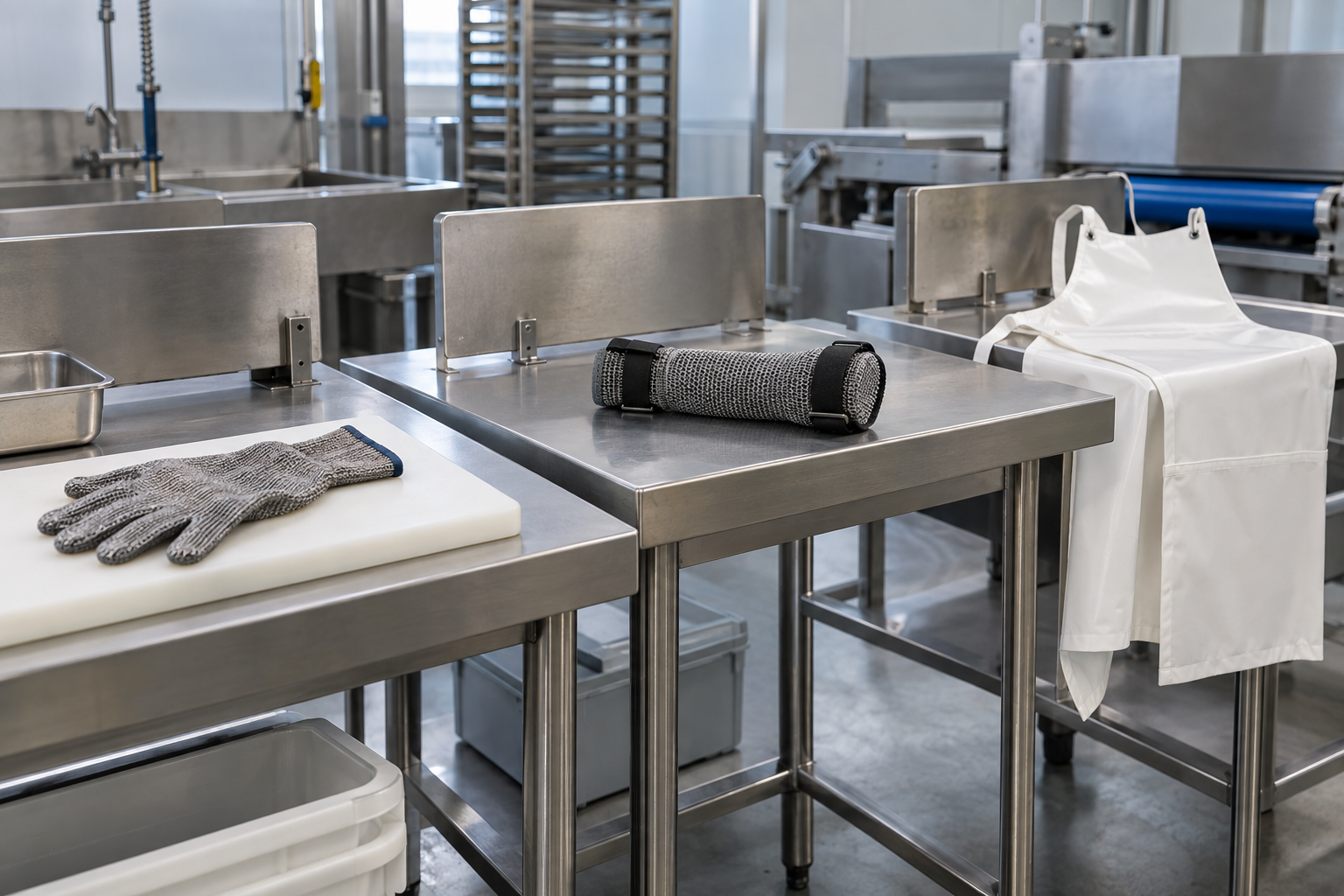 Distinct sets of protective equipment on illustrative workbenches