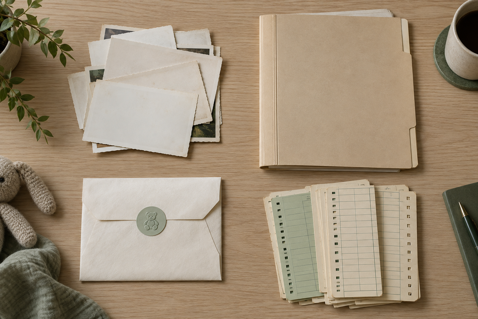 Four distinct groups of illustrative evidence records on an oak table