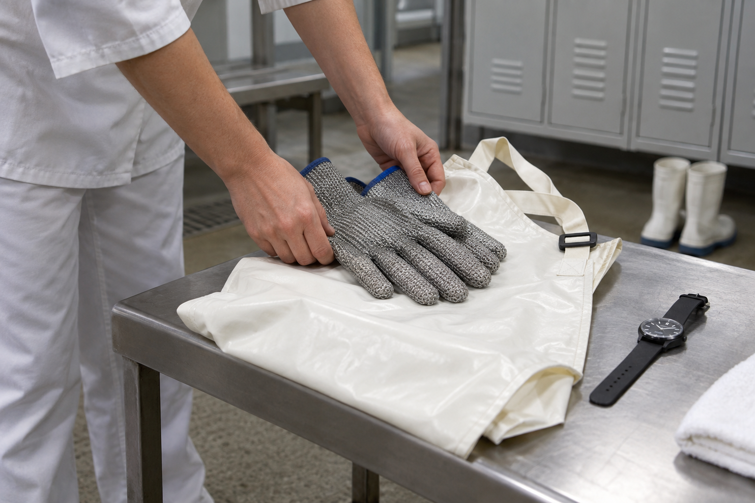 Protective gloves and apron beside a watch in an illustrative changing area