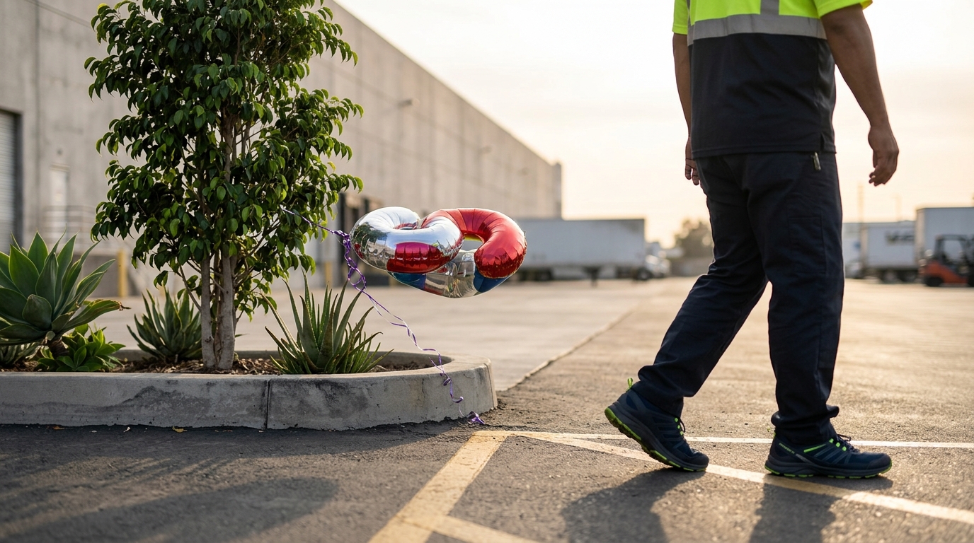 Worker walking through an industrial parking area during a job assignment