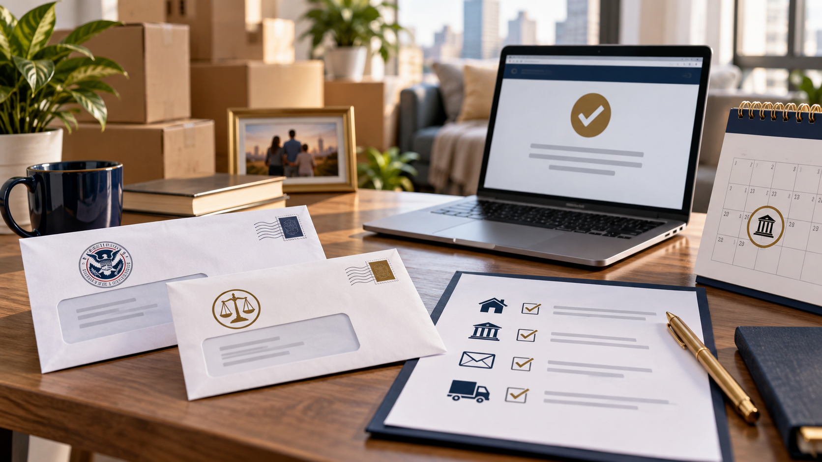 Moving boxes with separate USCIS and immigration-court address forms, hearing calendar, and proof of submission