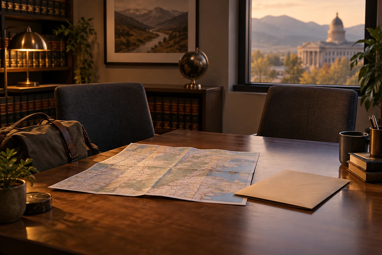 A regional map, benefits envelope and travel bag beside two consultation chairs.