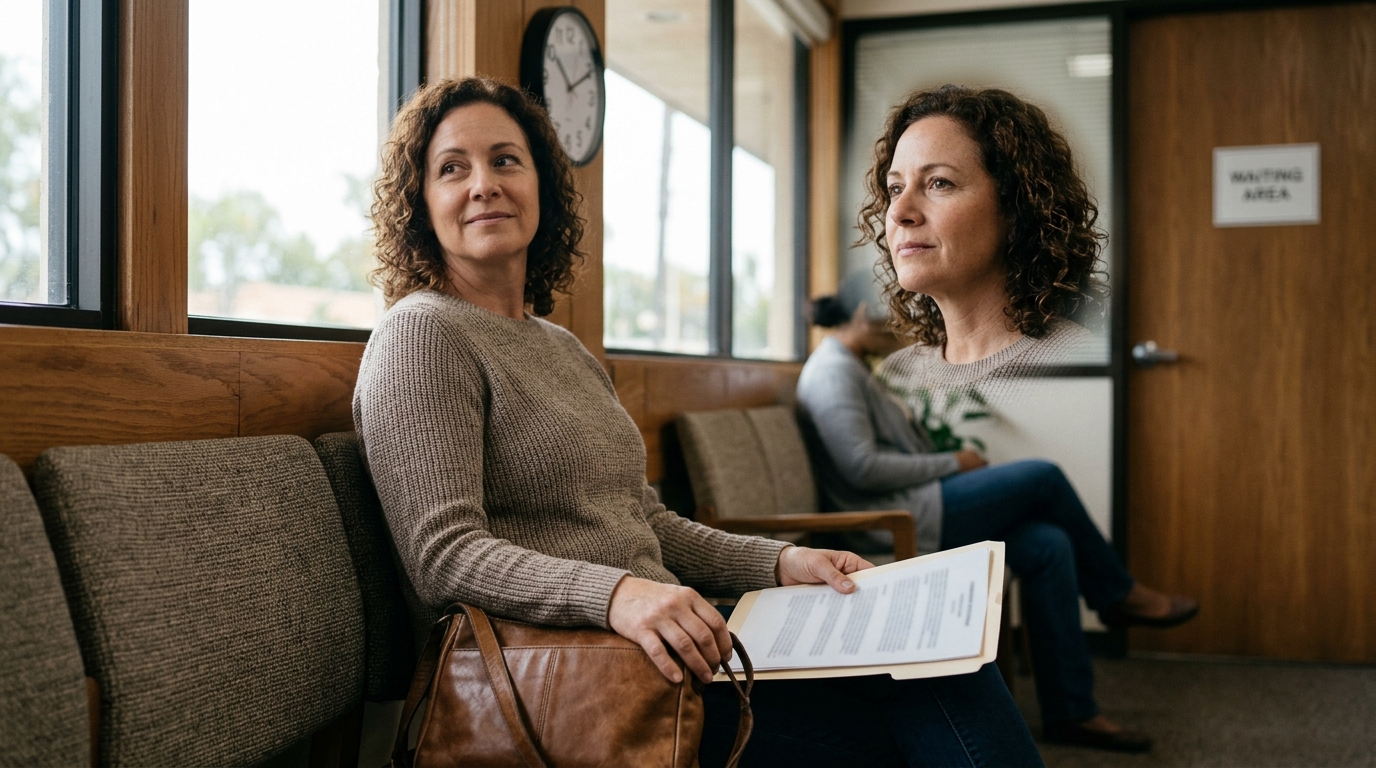 People waiting with medical paperwork for an evaluation appointment