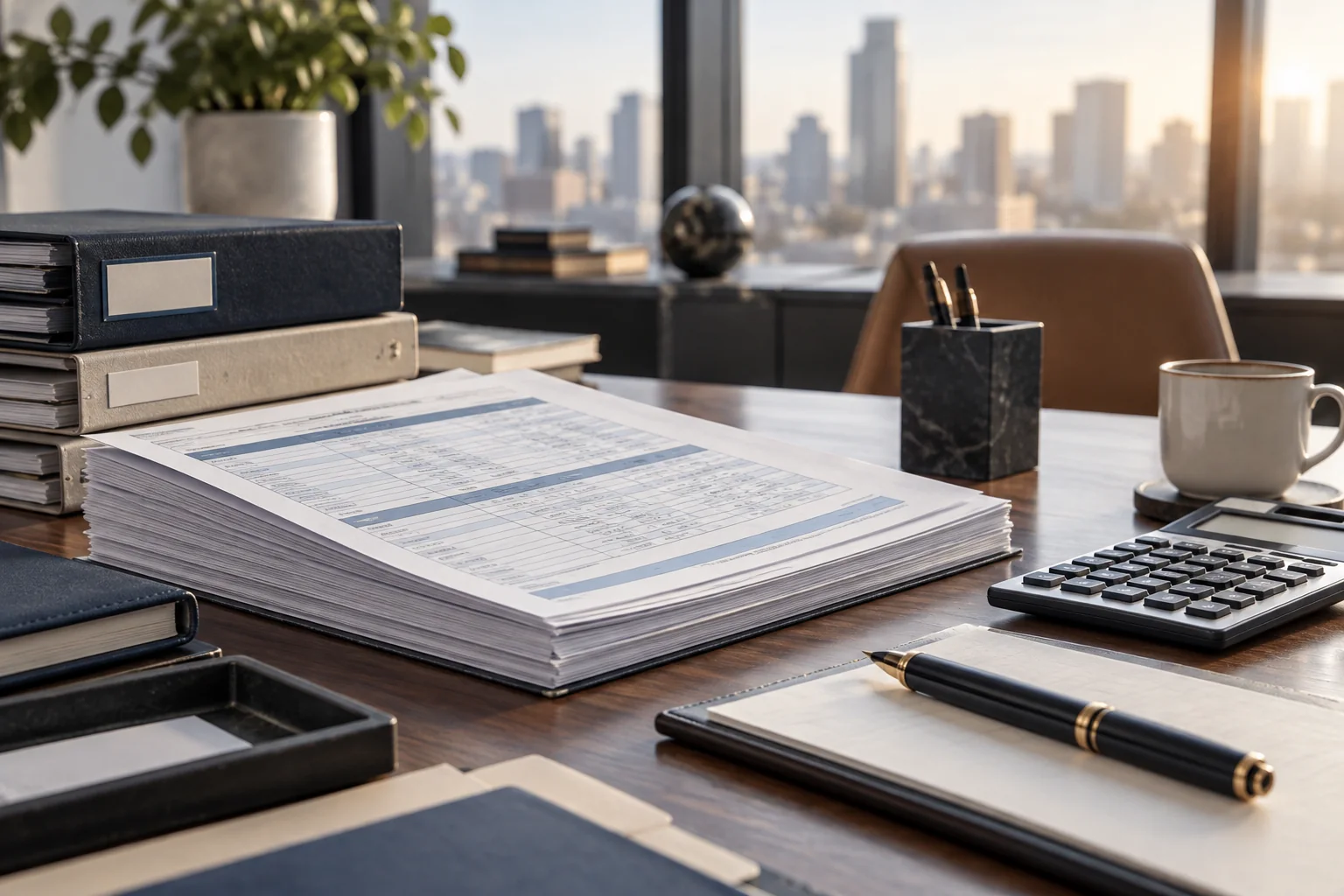 Business records and a calculator on a desk prepared for tax review.