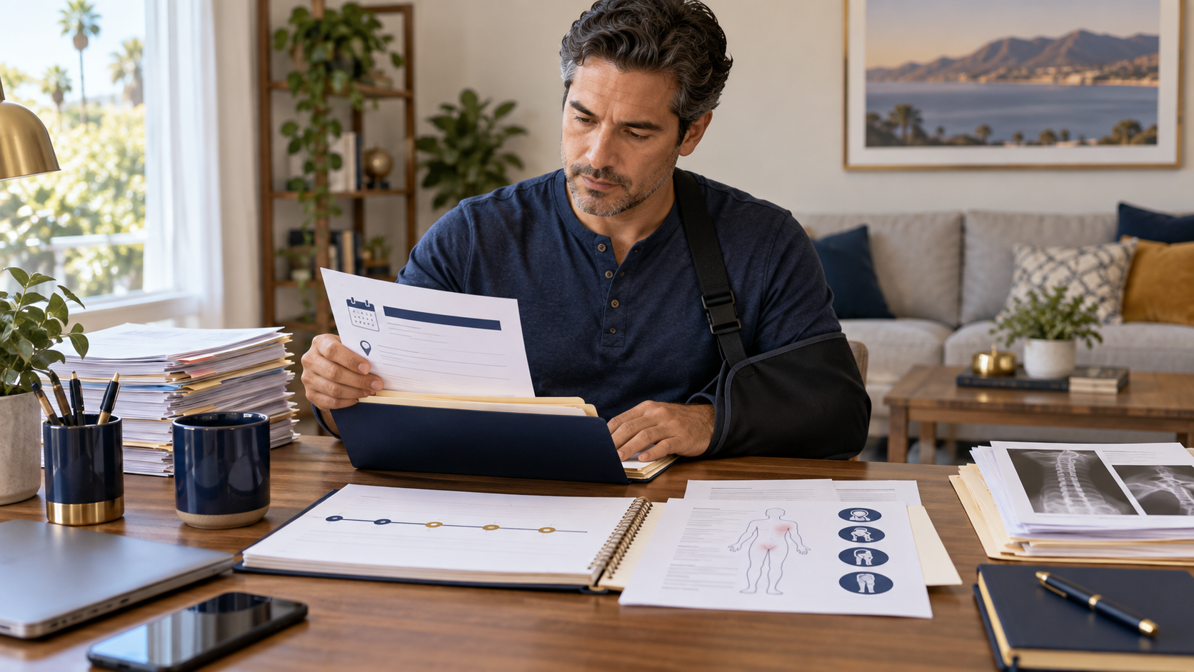 Editorial illustration of an injured worker organizing appointment and medical records at home