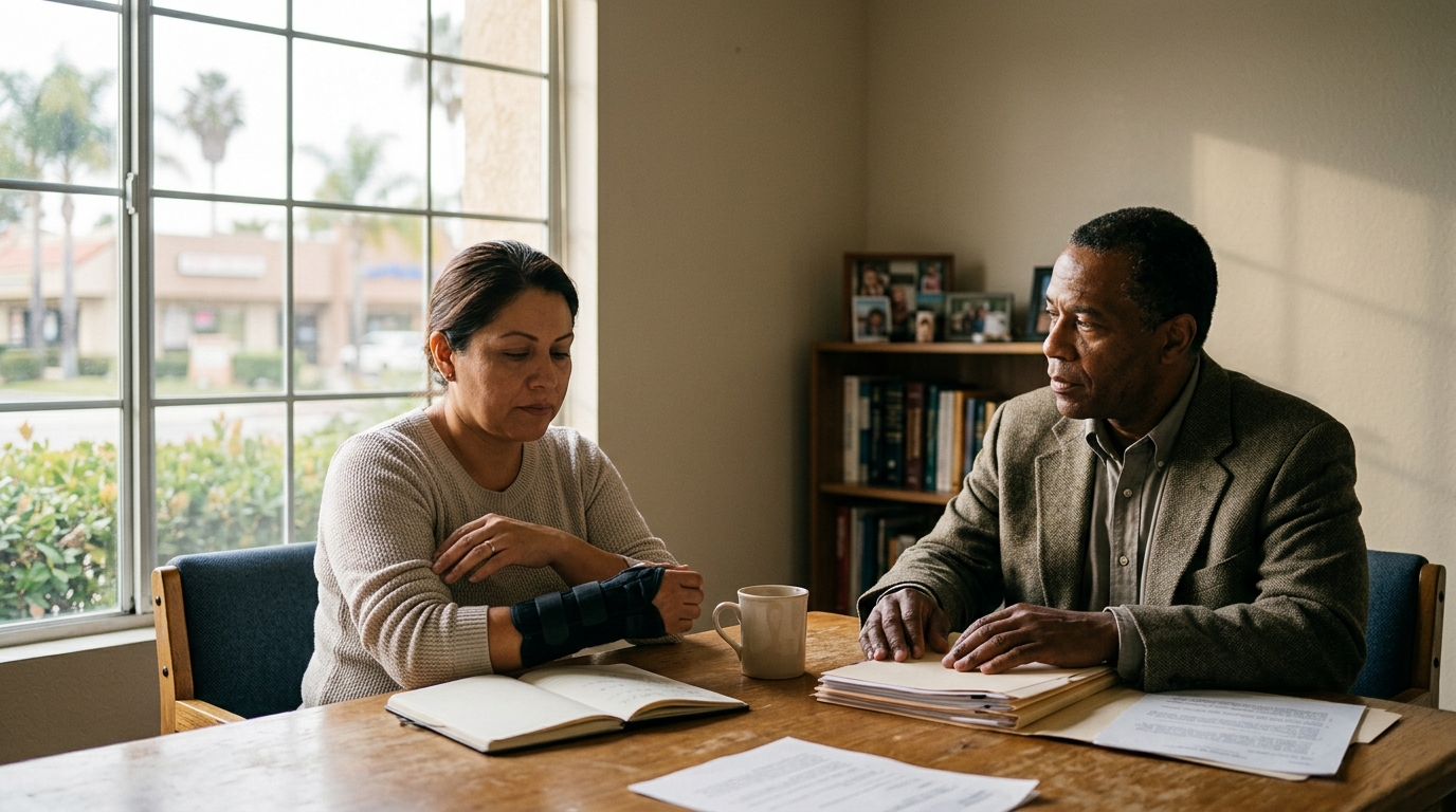 Injured employee discussing work restrictions in a professional office