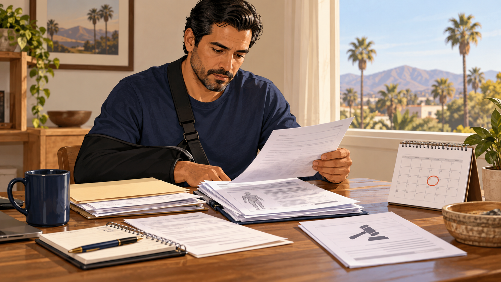 Editorial illustration of an injured worker organizing claim and hearing records