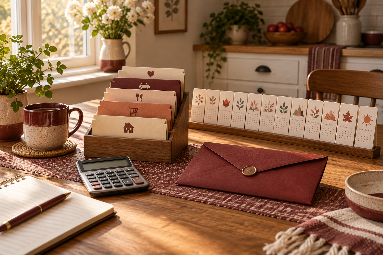 Household expense envelopes, calculator and monthly cards beside a larger envelope.