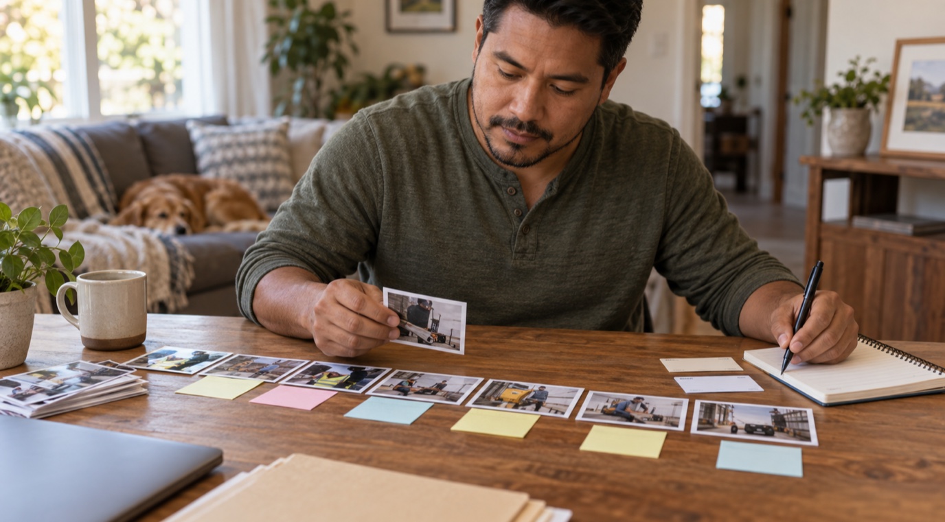Worker arranging job-task photos and notes into a timeline of workplace exposure.