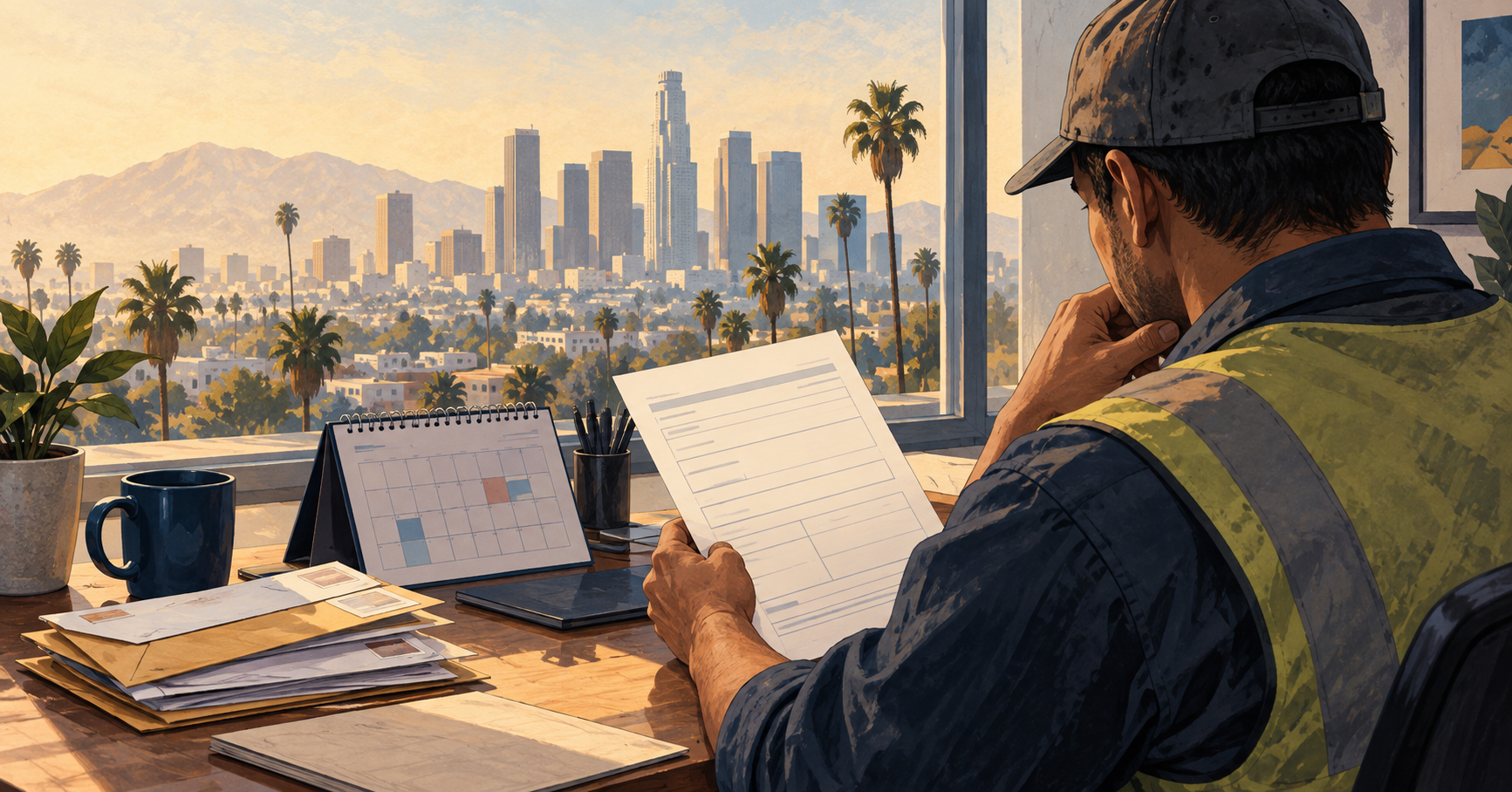 Editorial illustration of a worker reviewing claim papers with a Los Angeles skyline