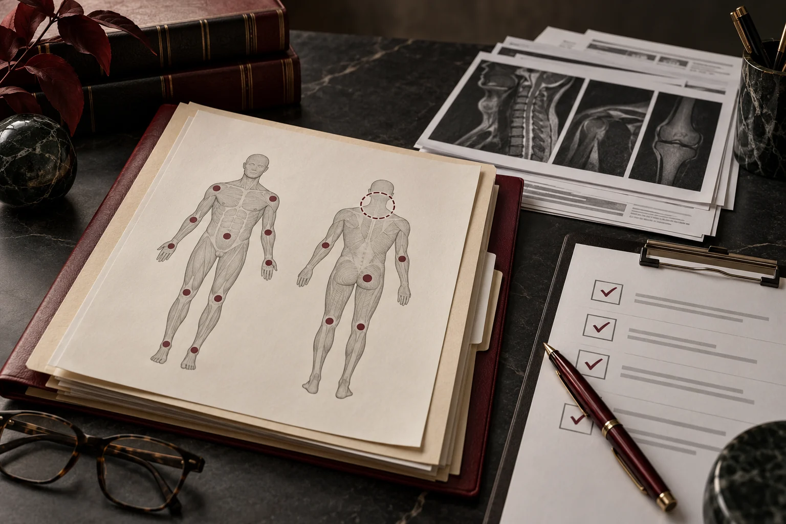 Medical images and body-part chart beside a settlement checklist