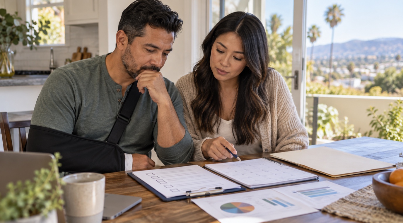 Injured worker and partner reviewing a checklist, calendar, and household planning papers before a settlement decision.