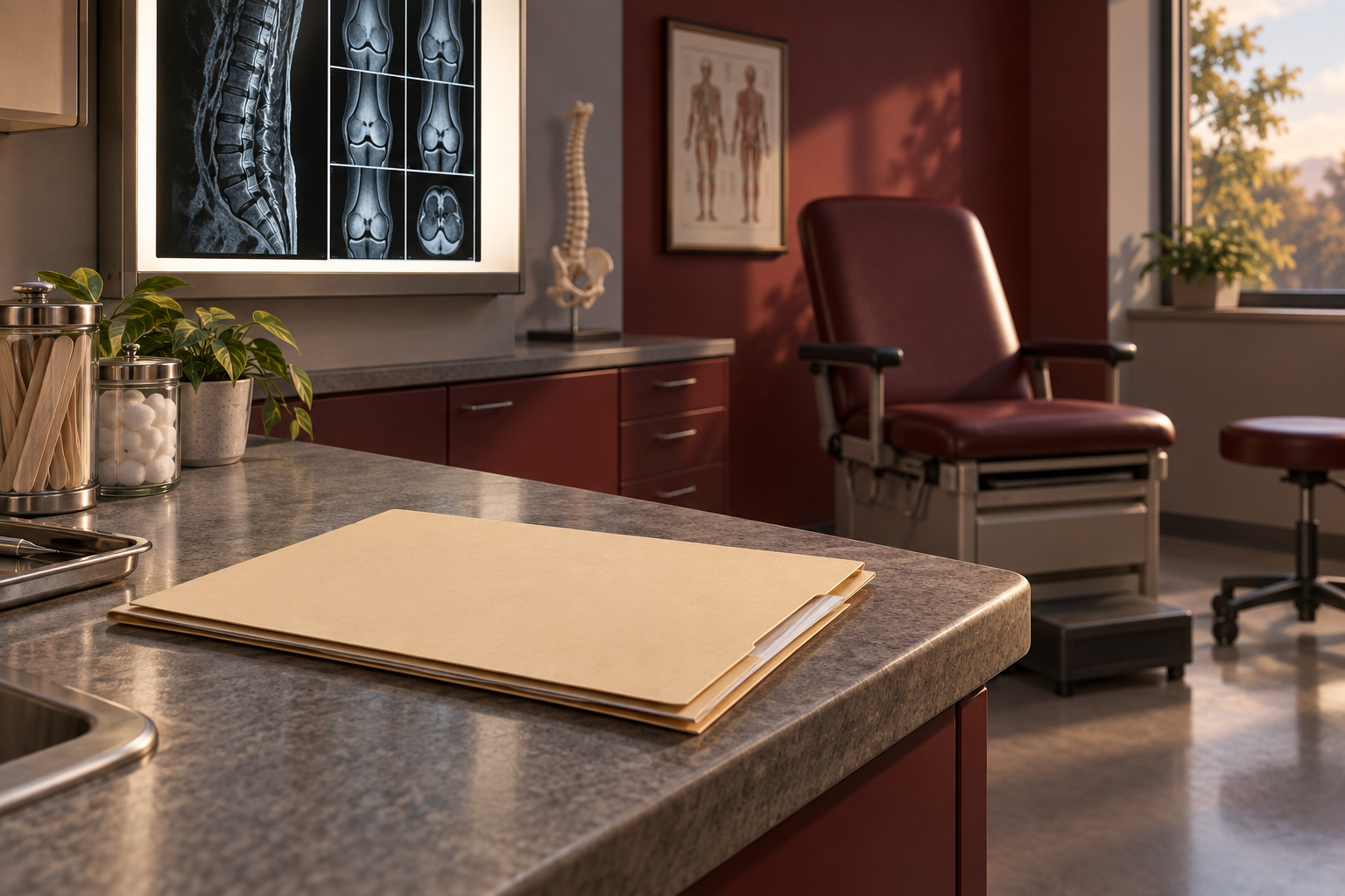 Medical folder on an examination-room counter with diagnostic images beyond.