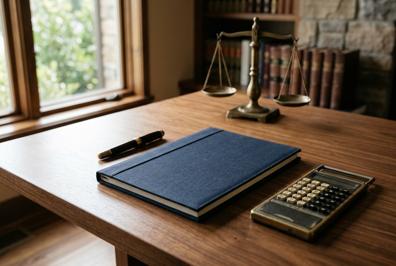 Tax planning desk with a ledger, calculator, pen, and balance scale