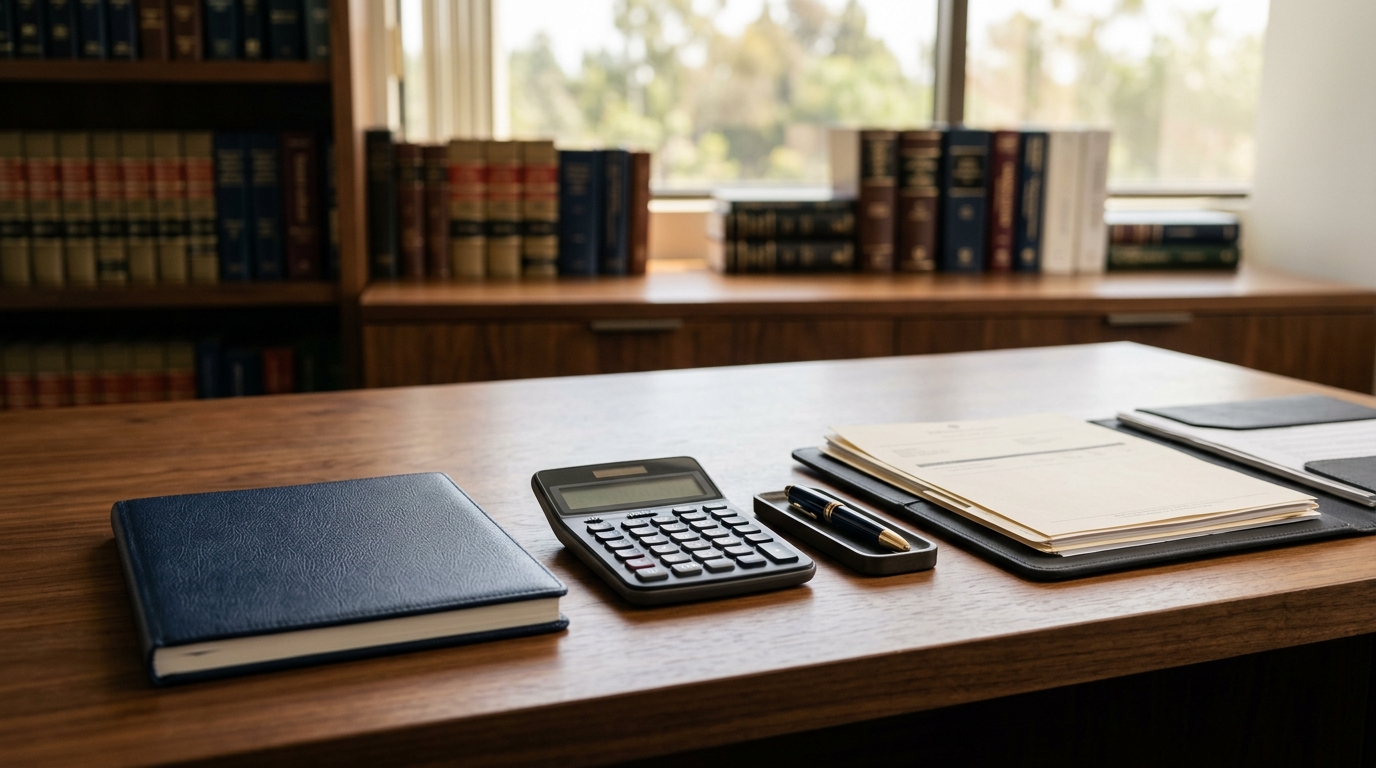 Organized tax ledger, calculator, and financial documents in a legal office