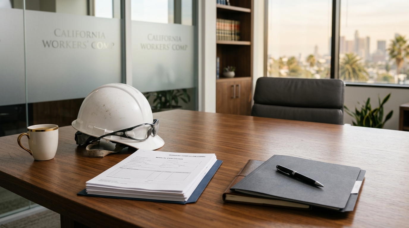 Hard hat, safety glasses, and organized medical paperwork in a law office