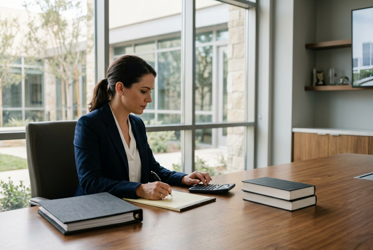 Tax attorney reviewing an organized case file in an Irvine conference room