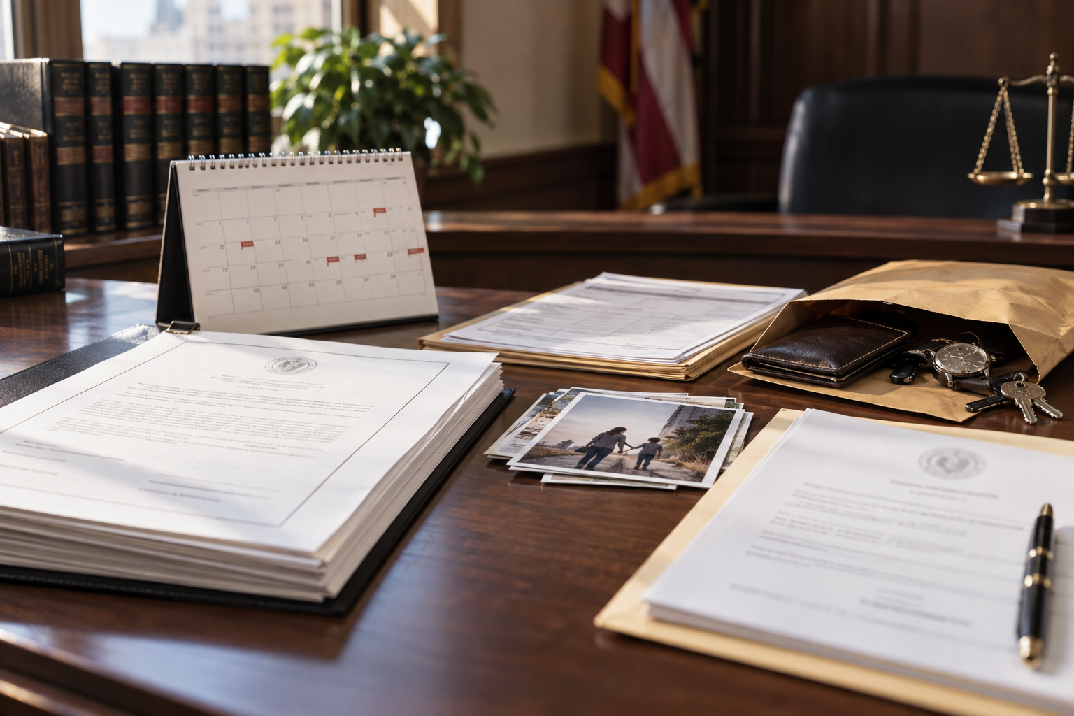 A filed federal order, late bond-hearing calendar, family-care records, identity documents, property envelope, and release papers.