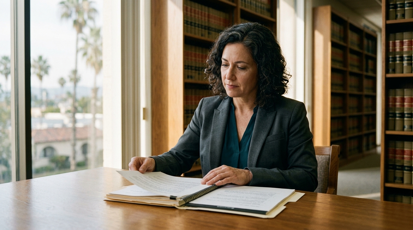 Professional reviewing a workers compensation case file at a library table